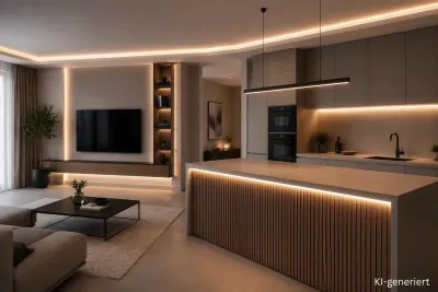 LED Aluminiumprofile für moderne Lichtkonzepte | SK-LED Moderner Wohnraum mit indirekter Beleuchtung durch LED Aluminiumprofile an Decke, Möbeln und Küche