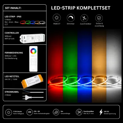 LED Streifen Set RGBCCT IP65 24V – COB LED mit WL5 WiFi Controller & C5 Fernbedienung Weiß LED Streifen Set RGBCCT IP65 mit COB LED Streifen, WL5 WiFi Controller, SS150 Netzteil und C5 Fernbedienung in Weiß.
