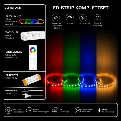 RGBW LED Streifen Komplettset 24V mit 5 m SMD LED Streifen 3000K, MiBoxer WiFi Funk Controller, 2.4G Fernbedienung und 150W Netzteil