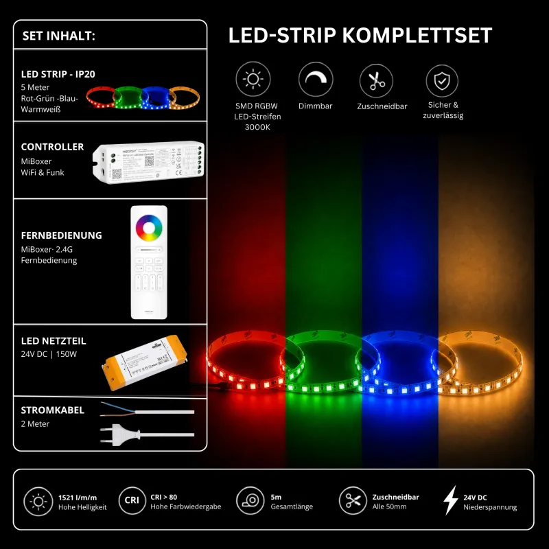 RGBW LED Streifen Komplettset 24V mit 5 m SMD LED Streifen 3000K, MiBoxer WiFi Funk Controller, 2.4G Fernbedienung und 150W Netzteil