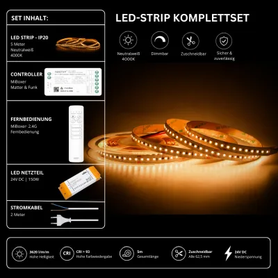 LED-Streifen Komplettset 24V Matter 4000K LED-Streifen Komplettset 24V mit 5 m SMD LED-Streifen in Neutralweiß 4000K, 3620 lm/m, CRI über 93, MiBoxer Matter Funk-Controller, Fernbedienung und 150W Netzteil
