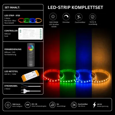 RGBW LED Streifen Komplettset 24V mit 5 m SMD LED Streifen 4200K Neutralweiß, MiBoxer Funk Controller, 2.4G Fernbedienung und 150W Netzteil
