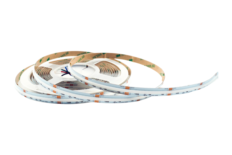 COB RGB LED Streifen 10 mm in Weiß, unbeleuchtete Produktaufnahme, 840 LEDs/m, 24 V, homogenes RGB Lichtband mit 180° Abstrahlwinkel, flexible LED-Rolle für Innen- und Außenanwendungen von SK-LED
