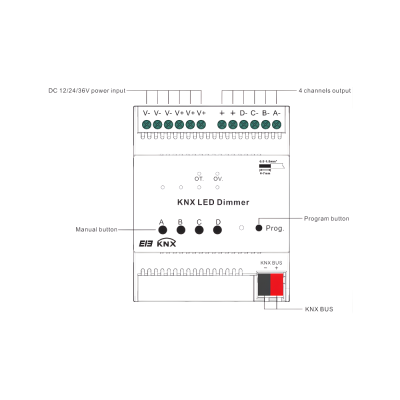 SR-KNX-9501FA KNX LED Dimmer 4-Kanal Konstantspannung 12-36V DC, 5A je Kanal, Hutschiene ETS5