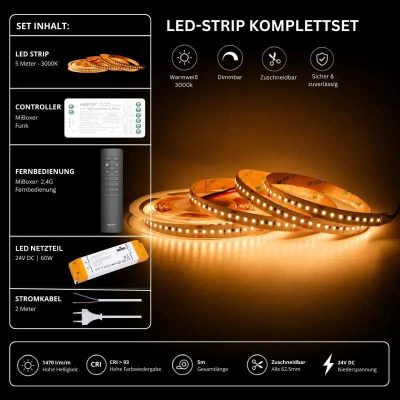 LED Streifen Set Warmweiß 3000K mit 5 m SMD LED Streifen, 24V Netzteil, SR2 Funk-Controller und schwarzer C1 Fernbedienung für dimmbare indirekte Beleuchtung im Innenbereich.