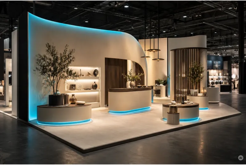 Messestand mit geschwungener Rückwand, blau leuchtenden LED-Sockeln, Holzakzenten und Podesten für Exponate.