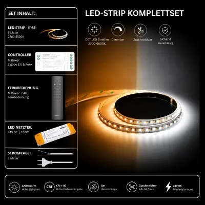 LED Strip Komplettset CCT IP65 Zigbee 3.0 5m 2700–6500K LED Strip Komplettset mit 5 m CCT LED-Streifen IP65 (2700–6500K), MiBoxer Zigbee 3.0 & Funk Controller, schwarzer 2,4 GHz Fernbedienung, 24V 100W LED-Netzteil und Anschlusskabel. Dimmbares LED-Komplettset mit stufenlos einstellbarer Farbtemperatur.