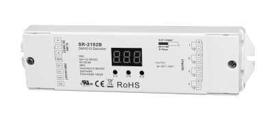 SR-2102B 4-Kanal DMX512 Decoder für RGBW LED-Streifen 12-48V DC SR-2102B DMX512 RGBW LED Decoder 4-Kanal 12-48V DC mit Display und Schraubklemmen