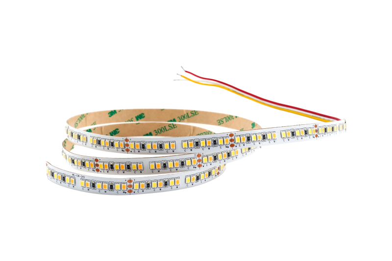 CCT LED Streifen 24V mit 192 LEDs pro Meter als unbeleuchtete Produktaufnahme – flexibles LED Band mit CRI82, Tunable-White Funktion und farbmarkierten Anschlusskabeln