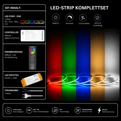 LED Streifen Set RGBCCT IP65 24V – COB LED mit SZ5 Zigbee Controller & SS150 Netzteil LED Streifen Set RGBCCT IP65 mit COB LED Streifen, SZ5 Zigbee Controller, SS150 Netzteil und C5 Fernbedienung.