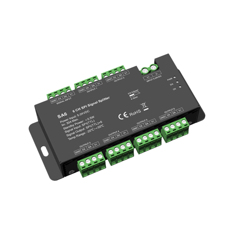 SA6 SPI Signalverstärker & Splitter – 1 Eingang, 6 Ausgänge, für digitale RGB & RGBW LED Streifen, 5–24 V DC