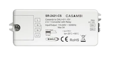 Casambi DALI Gateway SR-2421-CS Vorderseite SR-2421-CS Casambi DALI 0-10V Gateway Vorderseite mit Anschlussklemmen