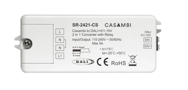 SR-2421-CS Casambi DALI 0-10V Gateway Vorderseite mit Anschlussklemmen