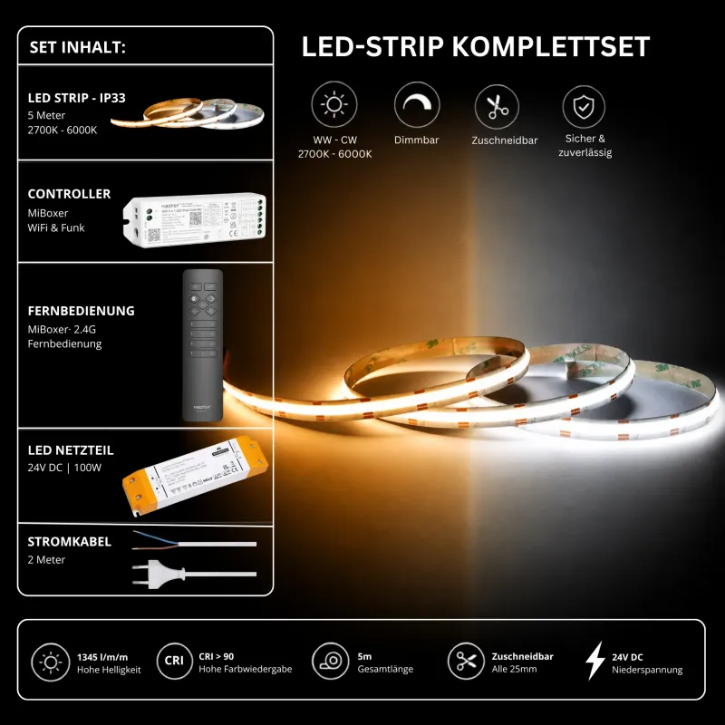 LED Streifen Komplettset mit 5 m CCT LED-Streifen (2700K–6000K), MiBoxer WiFi-Controller, 2,4 GHz Funk-Fernbedienung, 100W 24V LED-Netzteil und Stromkabel. Smart steuerbares LED-Set für dimmbare, indirekte Beleuchtung per App und Fernbedienung.