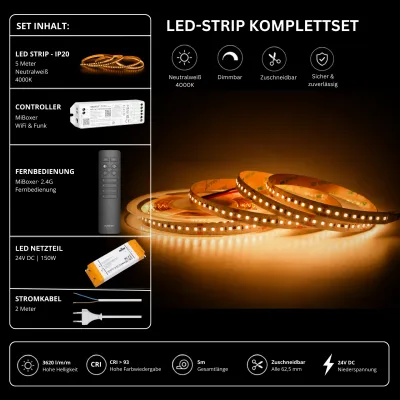 LED-Streifen Komplettset 24V mit 5 m SMD LED-Streifen in Neutralweiß 4000K, 3620 lm/m, CRI über 93, MiBoxer WiFi Funk-Controller, schwarzer 2.4G Fernbedienung und 150W Netzteil