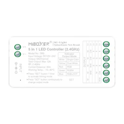 MiBoxer SR5 5-in-1 LED Controller – RGB RGBW RGBCCT CCT einfarbig, 12A, 2,4 GHz | SK-LED MiBoxer SR5 5-in-1 LED Controller – 2,4 GHz Funk, RGB, RGBW, RGB+CCT, CCT und einfarbig, 12–24V DC, 12A, Frontansicht