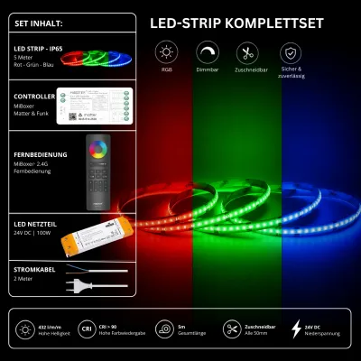 LED Streifen Komplettset IP65 RGB Matter 24V – MiBoxer Matter Controller mit schwarzer RGB Fernbedienung LED Streifen Komplettset mit 5 m IP65 RGB LED-Streifen, MiBoxer Matter over WiFi Controller, schwarzer RGB 2,4 GHz Fernbedienung, 100W 24V LED-Netzteil und Stromkabel. Smart steuerbares RGB LED-Set