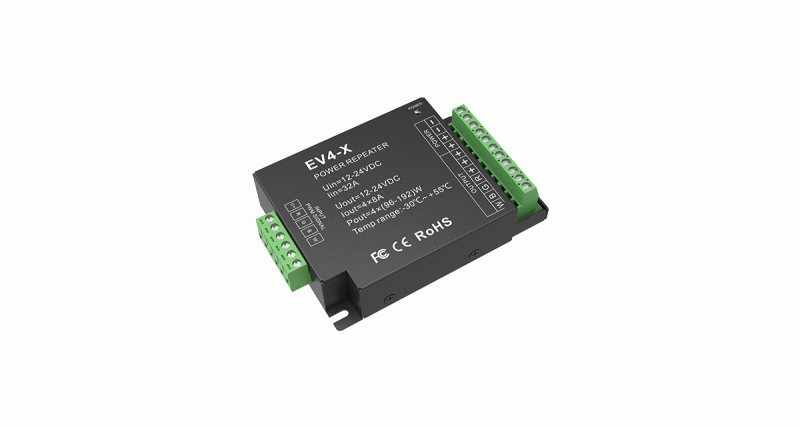 EV4-X 4-Kanal PWM Signalverstärker LED Repeater – 12–24V DC, 4x8A Gesamtlast 32A, kompatibel mit RGB, RGBW, CCT und einfarbigen LED Streifen sowie DMX, DALI, Zigbee und Funksteuerung