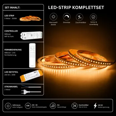 5 Meter LED-Streifen Komplettset in Warmweiß 3000K mit MiBoxer WiFi & Funk Controller, 2,4G Fernbedienung, 24V Netzteil und Anschlusskabel. Dimmbares LED-Band mit 1470 lm/m, CRI >93 und zuschneidbar alle 62,5 mm