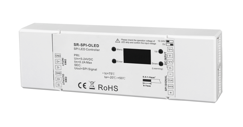 SR-SPI-OLED DMX-zu-SPI Pixel-Controller mit OLED-Display zur Steuerung digitaler RGB- und RGBW-Pixel-LED-Streifen wie WS2812 und SK6812