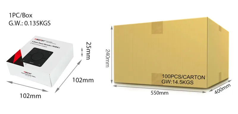 MiBoxer K0 CCT LED Drehregler Fernbedienung mit Verpackung und Karton Abmessungen für LED Steuerung 2.4GHz