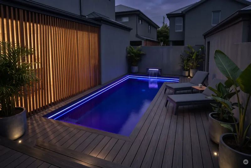 Schmaler Pool in einem Reihenhausgarten mit blau-violetter RGBW-LED-Unterwasserbeleuchtung und Holzterrasse bei Nacht