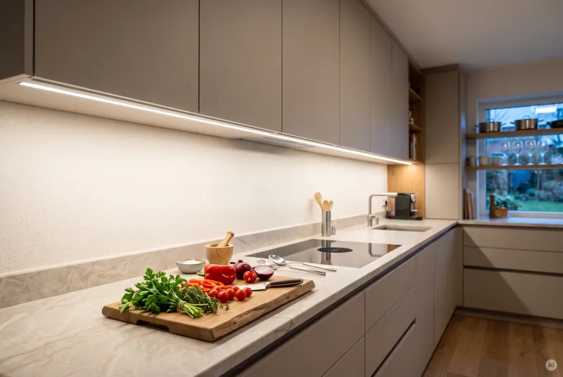 Nahaufnahme einer modernen Arbeitsplatte aus Naturstein mit robuster Holz-Schneideunterlage, ausgeleuchtet durch eine homogene LED-Lichtleiste unter den Hängeschränken.