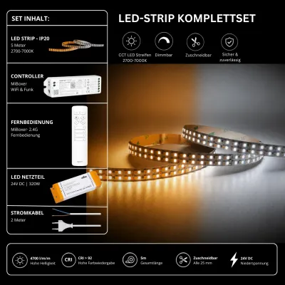 CCT LED-Strip Komplettset mit 5 m LED-Streifen 2700–7000 K, 24 V Netzteil, MiBoxer WiFi & Funk Controller und 2,4 GHz Fernbedienung, 4700 lm/m und CRI > 92