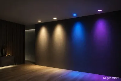 RGBW LED Einbauleuchten an der Decke – Farbwechsel und warmweißes Licht im modernen Raum