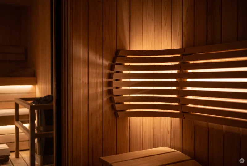 Eine Nahaufnahme einer geschwungenen Holz-LED-Lichtleiste an der Wand einer Sauna, die ein warmes Licht abgibt.