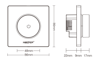 MiBoxer TRI K LED Dimmer technische Zeichnung mit Abmessungen für Wandmontage