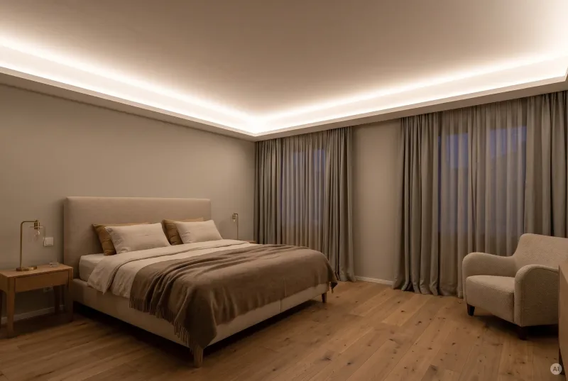 Gemütliches Schlafzimmer mit Polsterbett, Vorhängen und geschlossener Deckenvoute, die ein beruhigendes warmweißes 2700K Lichtband an die Decke wirft.