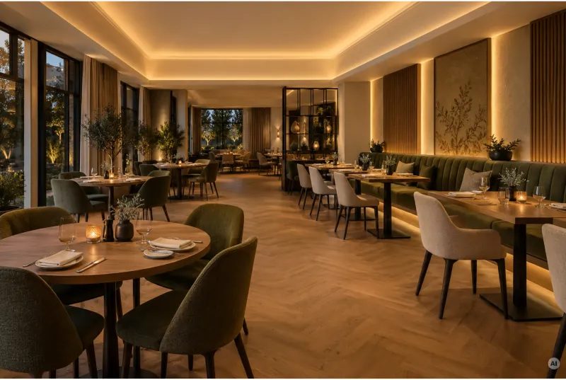 Stimmungsvoller Gastronomie-Raum mit runden Holztischen, grünen Polstersesseln, indirekter LED-Voutenbeleuchtung und Wandverkleidung aus Holzlamellen.