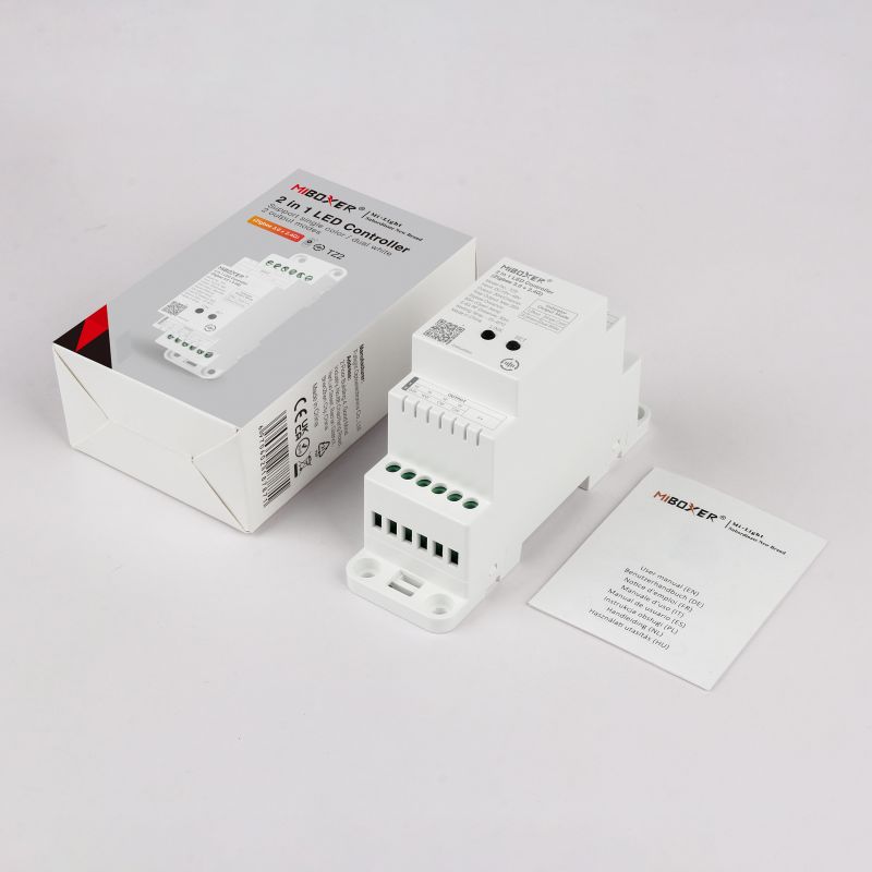 MiBoxer TZ2 2-in-1 LED-Controller für Hutschiene mit Verpackung und Zubehör Zigbee 3.0 und 2.4 GHz Einfarbig CCT Art. 23002