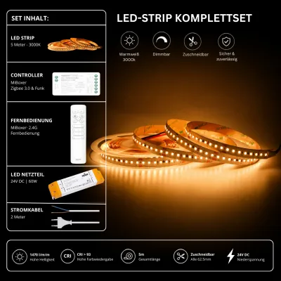 5 Meter LED-Streifen Komplettset in Warmweiß 3000K mit MiBoxer Zigbee 3.0 Controller, 2,4 GHz Fernbedienung, 24V LED-Netzteil und Anschlusskabel. Dimmbares LED-Band mit 1470 lm/m, CRI >93 und zuschneidbar alle 62,5 mm