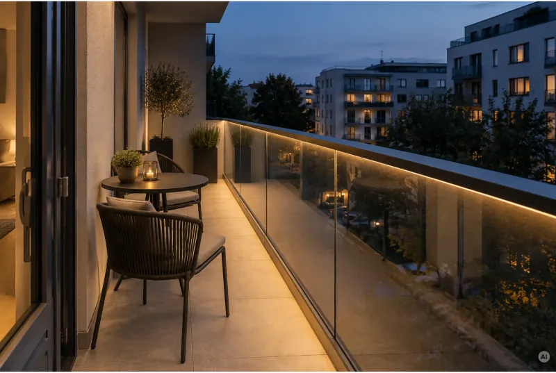 Eleganter Balkon bei Abenddämmerung mit Sitzgelegenheit für zwei Personen und einer durchgehenden LED-Lichtleiste unter dem Geländer-Handlauf.