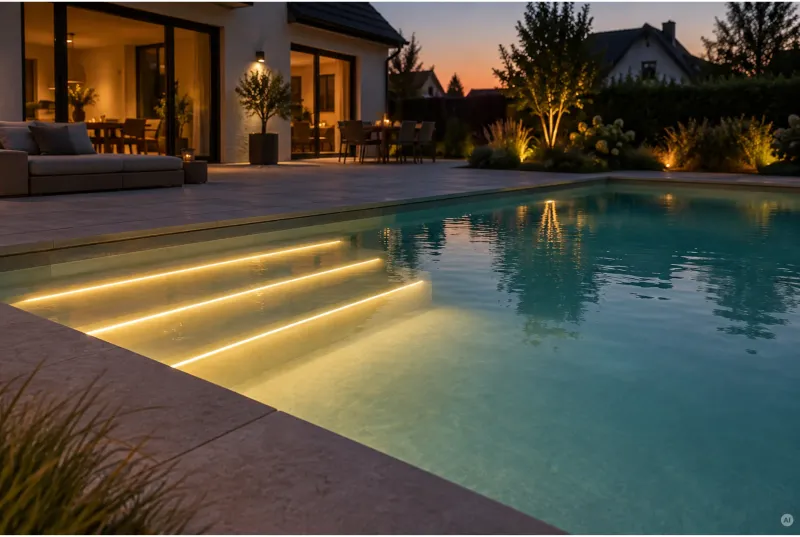 Moderner Gartenpool mit warmweißen LED Streifen in den Vorderkanten von drei breiten Poolstufen