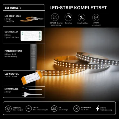 CCT LED-Strip Komplettset mit 5 m LED-Streifen 2700–7000 K, 24 V Netzteil, MiBoxer Zigbee 3.0 & Funk Controller und 2,4 GHz Fernbedienung, 4700 lm/m und CRI > 92