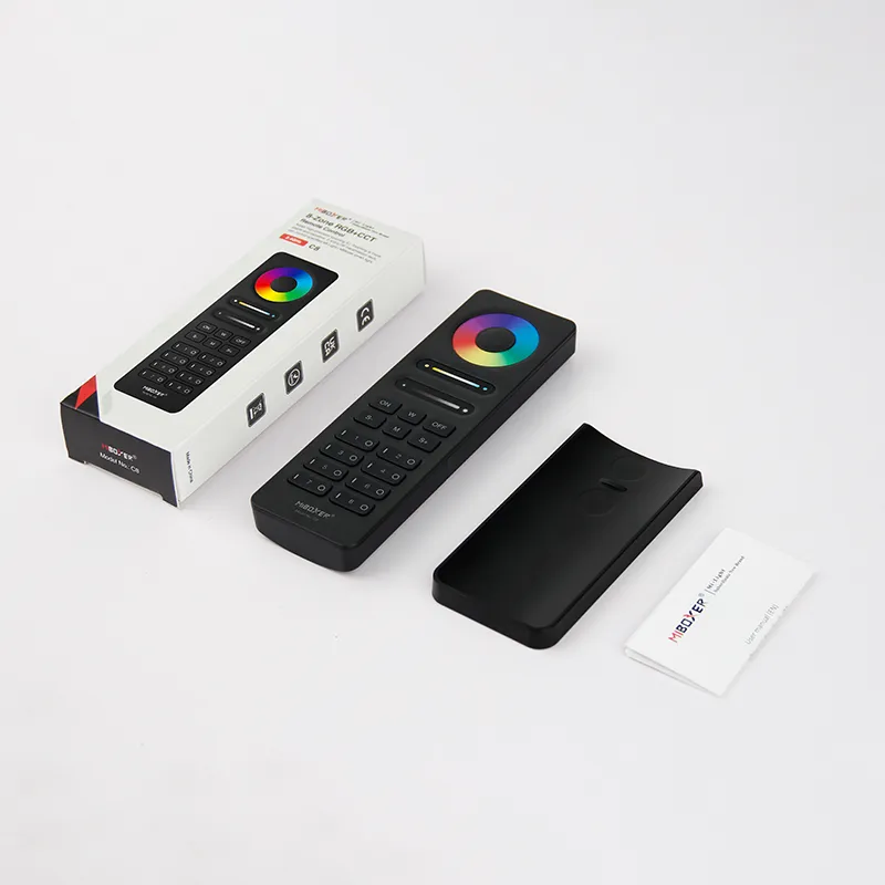 MiBoxer C8 schwarze 2.4GHz RF LED Fernbedienung für RGB+CCT Strips – Smart Remote Controller mit 8 Zonen, Farbrad, Dimmfunktion und Verpackung.