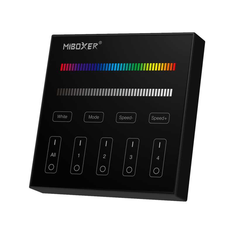 LED RGBW Wandsteuerung mit 2,4 GHz Funktechnik, Glas-Touchpanel und 4 Zonen. Steuerung von RGB-Farben und separatem Weißkanal mit dimmbarer Helligkeit und Farbintensität – modernes Design in Schwarz für professionelle LED-Beleuchtungen.