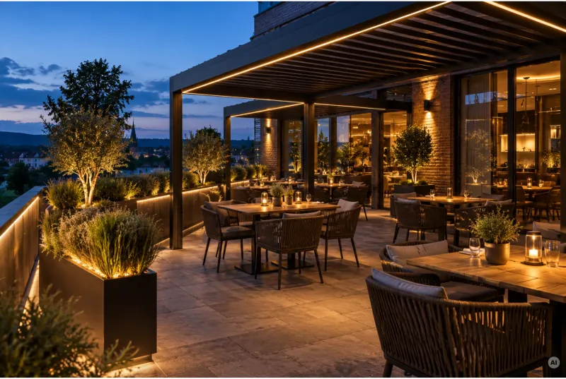 Außengastronomie auf einer Dachterrasse bei Dämmerung mit integrierter LED-Lichtleiste an der Überdachung und beleuchteten Pflanzkübeln.