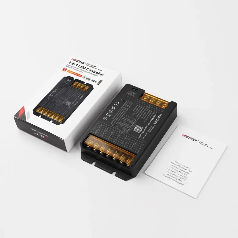 MiBoxer HZ5 5-in-1 LED Controller Lieferumfang – Controller, Verpackungsbox und Kurzanleitung, Zigbee 3.0 und 2,4 GHz Funk, 12–48V DC, 30A
