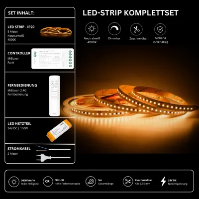 LED-Streifen Komplettset 24V Neutralweiß 4000K LED-Streifen Komplettset 24V mit 5 m SMD LED-Streifen in Neutralweiß 4000K, 3620 lm/m, CRI über 93, MiBoxer Funk-Controller, Fernbedienung und 150W Netzteil