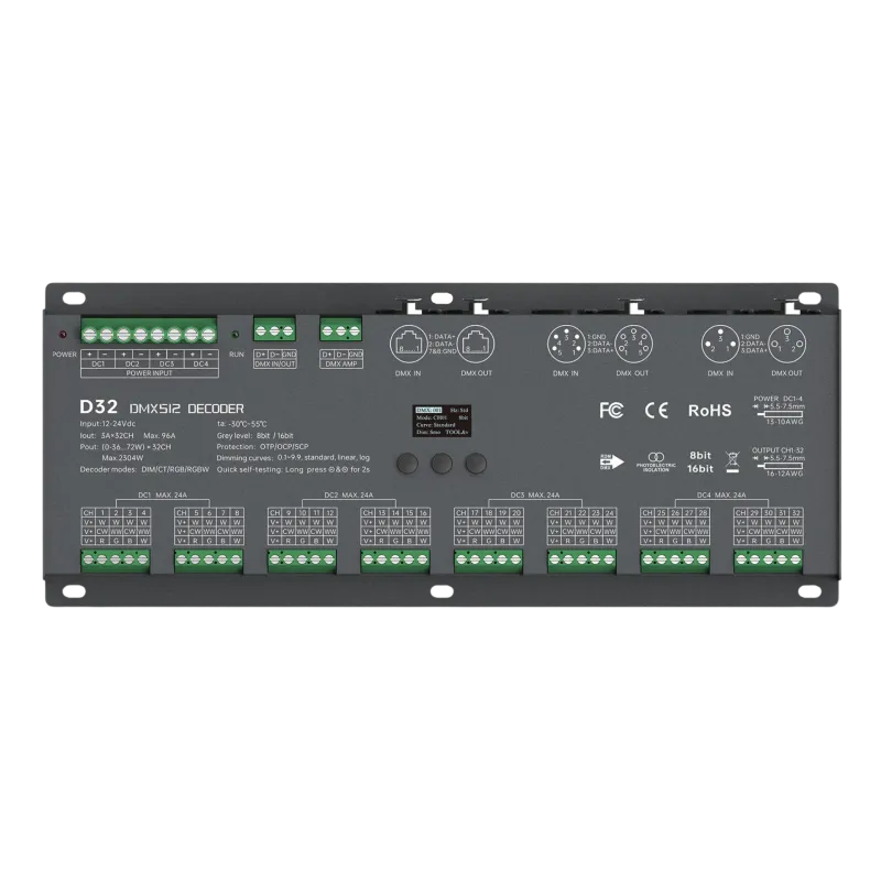 LTECH D32 DMX512/RDM LED Controller 32-Kanal 3A, 12-24V DC, mit OLED Display, Konstantspannung
