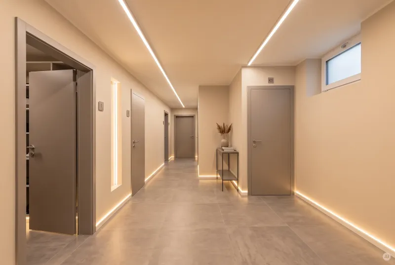 Langer, moderner Flur mit hellbeigen Wänden, grauen Bodenfliesen und bündig in Decke und Sockelleisten integrierten LED-Lichtbändern, die ein warmes Licht ausstrahlen. Mehrere graue Türen säumen den Korridor.