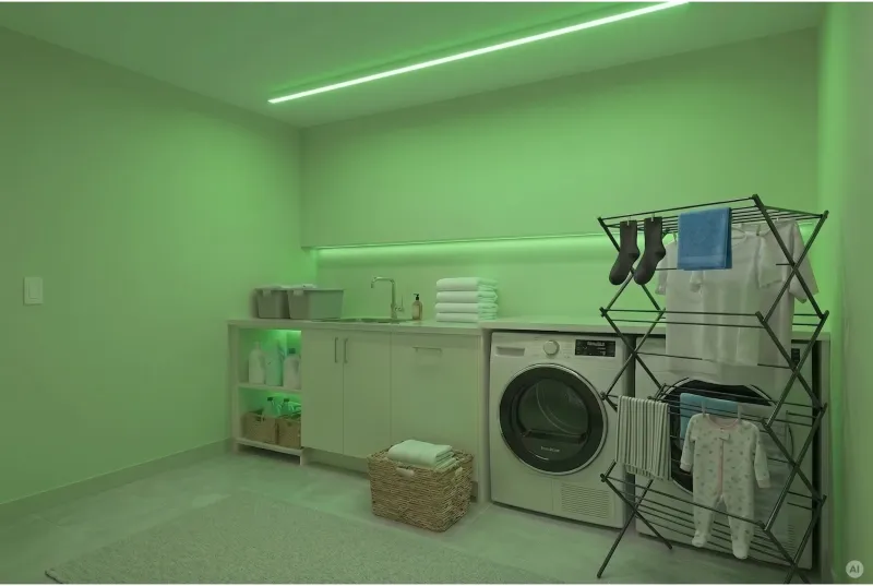 Funktionaler Hauswirtschaftsraum mit Waschmaschine, Wäscheständer, heller Arbeitsplatte und auffälliger grüner LED-Lichtleiste an Decke und Wand.
