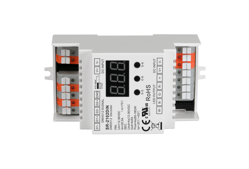 SR-2102DIN DMX512 & RDM Hutschienen Decoder 4-Kanal 5A pro Kanal 12-48V DC für RGBW LED Streifen