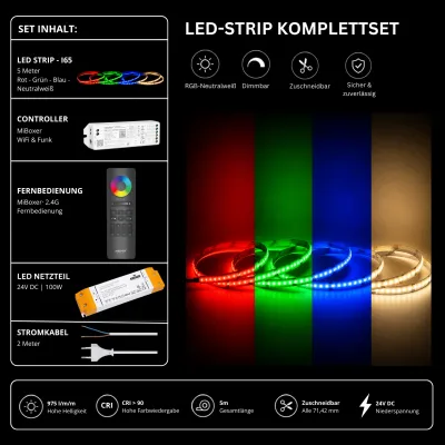 LED Streifen Set RGBW Neutralweiß 4000K IP65 24V – COB LED mit WL5 WiFi Controller & C5 Fernbedienung Schwarz LED Streifen Set RGBW Neutralweiß 4000K IP65 mit COB LED Streifen, WL5 WiFi Controller, SS100 Netzteil und C5 Fernbedienung in Schwarz.