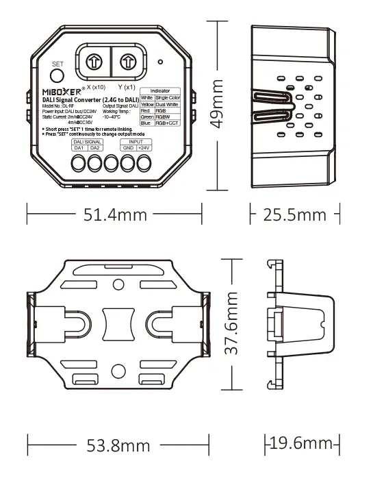 Maßzeichnung MiBoxer DL-RF: 51,4 x 49 x 25,5 mm, Montagehalterung 53,8 x 37,6 x 19,6 mm