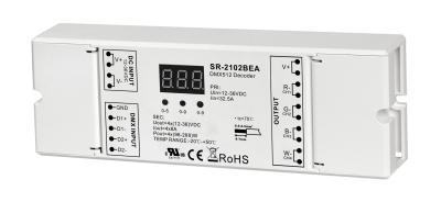 SR-2102BEA DMX decoder with OTA firmware update and 32A total output for RGB, RGBW and single-color LED strips SR-2102BEA 4-channel DMX512 RDM LED decoder with 8A per channel and OTA update